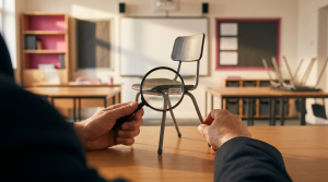 Ergonomic School Furniture - Professional 16:9 hero banner. Ultra high resolution. A close-up, editorial photograph of a school business manager's hands carefully examining a small, robust, ergonomically designed school chair model. The model chair is made from durable polypropylene and steel, reflecting the quality and longevity discussed. The manager's hands are holding a magnifying glass over a label that clearly shows 'BS EN 1729' certification. The background is a subtly blurred, modern, well-lit school classroom, hinting at an organised, efficient environment. Key lighting and subtle reflections emanate in a #737373 accent glow, with elements in the background featuring soft #E2087E and #000000 tones, suggesting a strategic, informed decision-making process. The mood is authoritative and analytical. Style: Detailed editorial photography. Avoid: Generic tech, cold blue tones, stock photo clichés.