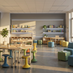 Modern Classroom Furniture - Professional 16:9 hero banner. Ultra high resolution. An inspiring, sunlit modern classroom designed for flexibility, with various modular tables and colourful, ergonomic seating (wobble stools, soft seating). The room is empty but ready for learning, showcasing adaptability. Sunlight streams through large windows, creating bright areas, with accent lighting in #737373 highlighting the innovative furniture arrangements. The overall mood is optimistic and forward-thinking, reflecting the potential of agile learning environments. Style: Editorial photography, wide-angle shot, inviting atmosphere. Avoid: Groups of people, traditional classroom setups, generic office furniture.