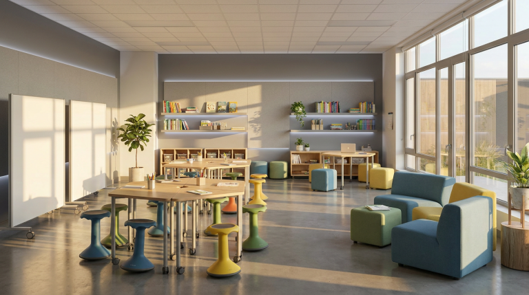 Modern Classroom Furniture - Professional 16:9 hero banner. Ultra high resolution. An inspiring, sunlit modern classroom designed for flexibility, with various modular tables and colourful, ergonomic seating (wobble stools, soft seating). The room is empty but ready for learning, showcasing adaptability. Sunlight streams through large windows, creating bright areas, with accent lighting in #737373 highlighting the innovative furniture arrangements. The overall mood is optimistic and forward-thinking, reflecting the potential of agile learning environments. Style: Editorial photography, wide-angle shot, inviting atmosphere. Avoid: Groups of people, traditional classroom setups, generic office furniture.