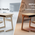 Refurbished School Furniture - Professional 16:9 hero banner. Ultra high resolution. A balanced, dynamic split composition visually contrasting 'new' and 'refurbished' school furniture. On one side, a pristine, modern school desk and chair set (new), bathed in a bright, almost clinical light. On the other, the same style of school desk and chair, but subtly showing the texture and character of a high-quality, professionally refurbished item, illuminated by a warm, inviting glow of #737373 accent lighting, with hints of #E2087E and #000000 in the background. The refurbished side should subtly convey value, quality, and sustainability, perhaps with a subtle, stylised leaf motif or circular economy symbol integrated into the background. The overall composition should feel authoritative and practical, reflecting informed decision-making for UK educational institutions. Style: Editorial photography with a clean, educational aesthetic.