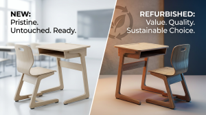 Refurbished School Furniture - Professional 16:9 hero banner. Ultra high resolution. A balanced, dynamic split composition visually contrasting 'new' and 'refurbished' school furniture. On one side, a pristine, modern school desk and chair set (new), bathed in a bright, almost clinical light. On the other, the same style of school desk and chair, but subtly showing the texture and character of a high-quality, professionally refurbished item, illuminated by a warm, inviting glow of #737373 accent lighting, with hints of #E2087E and #000000 in the background. The refurbished side should subtly convey value, quality, and sustainability, perhaps with a subtle, stylised leaf motif or circular economy symbol integrated into the background. The overall composition should feel authoritative and practical, reflecting informed decision-making for UK educational institutions. Style: Editorial photography with a clean, educational aesthetic.