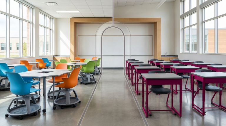 Refurbished School Furniture - Professional 16:9 hero banner. Ultra high resolution. A balanced composition visually representing the 'hybrid model' for school furniture procurement. On the left, a bright, modern classroom scene with brand-new, vibrant school chairs and desks, suggesting innovation and quality. On the right, a subtly contrasting but equally high-quality scene featuring professionally refurbished school chairs and desks, with frames powder-coated in a deep #E2087E magenta and new grey tops, showcasing durability and sustainability. A subtle, glowing line in #737373 accent colour divides and connects the two sides, symbolising the strategic blend. The overall atmosphere is authoritative and practical, set within a well-lit educational environment. Style: Editorial photography with a clean, modern aesthetic. Avoid: Groups around holographic tables, generic tech aesthetics, text overlays, cold blue tones, stock photo clichés.