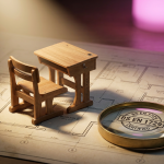 School Classroom Furniture - Professional 16:9 hero banner. Ultra high resolution. A meticulously crafted miniature school desk and chair set, compliant with BS EN 1729 standards, sits on a blueprint or architectural drawing of a classroom layout. A magnifying glass rests on the blueprint, highlighting the 'BS EN 1729' certification mark. The scene is bathed in a focused, authoritative light with a subtle #737373 glow emanating from beneath the furniture, casting soft shadows. A hint of #E2087E can be seen in the background as a diffused light source. The overall mood is precise, expert, and forward-thinking. Style: Editorial photography, macro detail shot. Avoid: Groups around holographic tables, generic tech aesthetics, text overlays, cold blue tones, stock photo clichés.