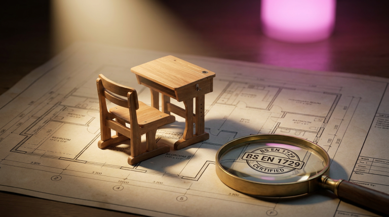 School Classroom Furniture - Professional 16:9 hero banner. Ultra high resolution. A meticulously crafted miniature school desk and chair set, compliant with BS EN 1729 standards, sits on a blueprint or architectural drawing of a classroom layout. A magnifying glass rests on the blueprint, highlighting the 'BS EN 1729' certification mark. The scene is bathed in a focused, authoritative light with a subtle #737373 glow emanating from beneath the furniture, casting soft shadows. A hint of #E2087E can be seen in the background as a diffused light source. The overall mood is precise, expert, and forward-thinking. Style: Editorial photography, macro detail shot. Avoid: Groups around holographic tables, generic tech aesthetics, text overlays, cold blue tones, stock photo clichés.