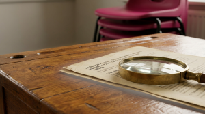 School Furniture Compliance - Professional 16:9 hero banner. Ultra high resolution. A macro, detailed shot of a polished wooden school desk surface. On the desk, a magnifying glass rests on a document displaying a section of the 'BS EN 1729' standard text, with a subtle glow of #737373 emanating from beneath the document, highlighting the intricate details of the text and the wood grain. In the background, a soft, blurred outline of a stack of compliant school chairs is visible, with hints of #E2087E and #000000 in their design accents. The scene conveys precision, authority, and meticulous attention to detail in safety. Style: Editorial still life photography, with sharp focus on the foreground and a shallow depth of field. Avoid: Groups around holographic tables, generic tech aesthetics, text overlays, cold blue tones, stock photo clichés.