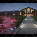 School Furniture Installation - Professional 16:9 hero banner. Ultra high resolution. A balanced visual metaphor showing two distinct, illuminated pathways converging towards a school building in the background. One path, representing 'DIY', is slightly rougher, with a few scattered, unorganised tools and flat-pack boxes, dimly lit with a subtle #E2087E glow. The other path, representing 'Professional', is smooth, clearly defined, and leads directly to the school, illuminated by a confident, authoritative #737373 light. A subtle overlay of geometric patterns suggests structure and planning, with accents of #000000. The overall mood is decisive and professional. Style: Conceptual editorial photography. Avoid: Groups around holographic tables, generic tech aesthetics, text overlays, cold blue tones, stock photo clichés.