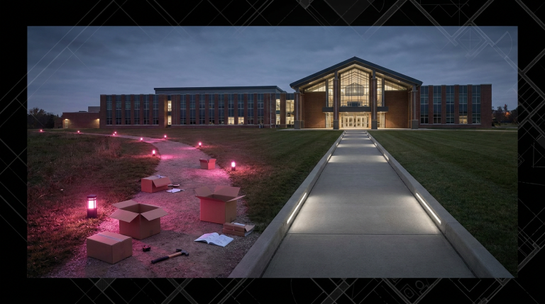 School Furniture Installation - Professional 16:9 hero banner. Ultra high resolution. A balanced visual metaphor showing two distinct, illuminated pathways converging towards a school building in the background. One path, representing 'DIY', is slightly rougher, with a few scattered, unorganised tools and flat-pack boxes, dimly lit with a subtle #E2087E glow. The other path, representing 'Professional', is smooth, clearly defined, and leads directly to the school, illuminated by a confident, authoritative #737373 light. A subtle overlay of geometric patterns suggests structure and planning, with accents of #000000. The overall mood is decisive and professional. Style: Conceptual editorial photography. Avoid: Groups around holographic tables, generic tech aesthetics, text overlays, cold blue tones, stock photo clichés.