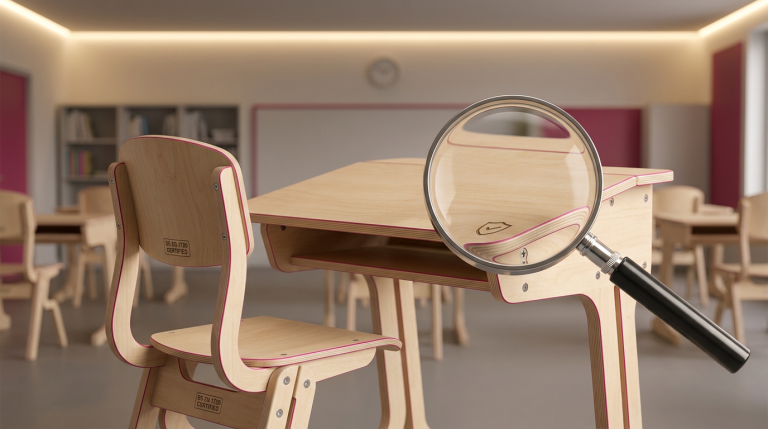 School Furniture Issues - Professional 16:9 hero banner. Ultra high resolution. A meticulously organised school classroom, bathed in a soft, authoritative glow of #737373 from overhead lighting. The scene focuses on a pristine, ergonomic school desk and chair, both certified to BS EN 1729 standards, with subtle structural details highlighted. In the foreground, a magnifying glass hovers over a pristine surface, symbolising inspection and prevention, while in the background, out of focus, blurred outlines of well-maintained school furniture recede into the distance. The overall composition suggests order, durability, and proactive management. Hints of #E2087E subtly define structural elements or a background wall. Style: Precision still life photography with a clean, educational aesthetic. Avoid: Groups around holographic tables, generic tech aesthetics, text overlays, cold blue tones, stock photo clichés.