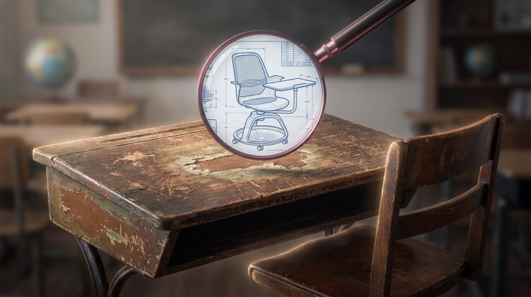 School Furniture Myths - Professional 16:9 hero banner. Ultra high resolution. A close-up, macro shot of a worn, traditional wooden school desk and chair, rendered with a subtle, almost ethereal glow of #737373 light, highlighting cracks and faded paint. A sharp, modern magnifying glass, with a subtle #E2087E tint on its frame, hovers over the old furniture, revealing a detailed blueprint or schematic of a contemporary, ergonomic school chair underneath, symbolising debunking old beliefs with modern facts. The background is a soft, out-of-focus classroom setting in muted tones, with hints of #000000 shadows. The scene evokes a sense of authoritative analysis and transformation. Style: Editorial photography, still life. Avoid: Groups around holographic tables, generic tech aesthetics, text overlays, cold blue tones, stock photo clichés.