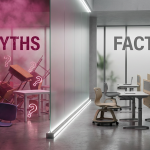 School Furniture Myths - Professional 16:9 hero banner. Ultra high resolution. A visually striking conceptual image representing the contrast between 'myths' and 'facts' in school furniture procurement. On one side, a chaotic, jumbled arrangement of flimsy, cartoonish furniture pieces, partially obscured by a hazy, dark pink (#E2087E) mist, symbolising misconceptions and short-term thinking. On the other side, a clean, organised arrangement of modern, ergonomic school furniture (desks, chairs), bathed in a precise, authoritative #737373 accent glow, representing clarity, compliance, and long-term value. A stark, dramatic dividing line or subtle barrier separates the two sides, highlighting the clear choice. The overall mood is authoritative and informative, set within a sophisticated, minimalist school-like environment. Style: Editorial photography with a focus on contrasting elements and precise lighting. Avoid: Generic school classrooms, children, or overly abstract patterns without clear symbolism.