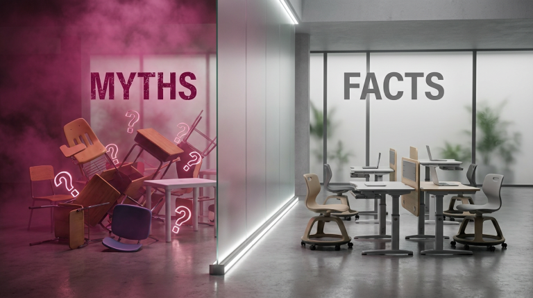 School Furniture Myths - Professional 16:9 hero banner. Ultra high resolution. A visually striking conceptual image representing the contrast between 'myths' and 'facts' in school furniture procurement. On one side, a chaotic, jumbled arrangement of flimsy, cartoonish furniture pieces, partially obscured by a hazy, dark pink (#E2087E) mist, symbolising misconceptions and short-term thinking. On the other side, a clean, organised arrangement of modern, ergonomic school furniture (desks, chairs), bathed in a precise, authoritative #737373 accent glow, representing clarity, compliance, and long-term value. A stark, dramatic dividing line or subtle barrier separates the two sides, highlighting the clear choice. The overall mood is authoritative and informative, set within a sophisticated, minimalist school-like environment. Style: Editorial photography with a focus on contrasting elements and precise lighting. Avoid: Generic school classrooms, children, or overly abstract patterns without clear symbolism.