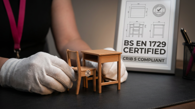 School Furniture Procurement - Professional 16:9 hero banner. Ultra high resolution. A close-up, focused shot of a pair of hands, likely belonging to a school business manager, carefully examining a miniature, perfectly compliant school desk and chair (BS EN 1729 certified, with a tiny 'Size Mark' visible). The furniture models are pristine, reflecting the importance of quality. In the background, subtly blurred, are technical specifications or a compliance certificate, with key text like 'BS EN 1729' and 'Crib 5' highlighted by a #737373 accent glow. The overall atmosphere is authoritative and precise, with a professional, documentary photography style. Hints of #E2087E and #000000 are incorporated into the background elements or as subtle reflections. Avoid: Groups around holographic tables, generic tech aesthetics, text overlays, cold blue tones, stock photo clichés.