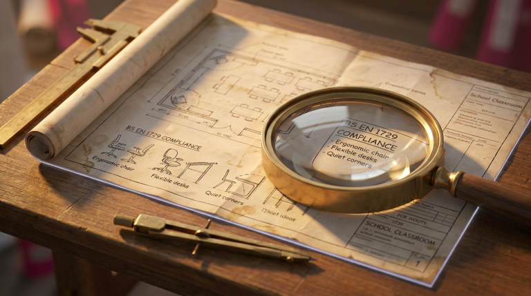 School Furniture Project - Professional 16:9 hero banner. Ultra high resolution. A meticulously detailed macro shot of a miniature, architect's blueprint for a school classroom, unfurled on a wooden drafting table. The blueprint shows ergonomic chairs, flexible desks, and designated learning zones. A clear, magnifying glass rests on the blueprint, highlighting a section detailing 'BS EN 1729 Compliance'. The scene is bathed in a warm, authoritative light, with subtle accent glows in #737373 emanating from the magnifying glass and the blueprint's edges, contrasting with deeper shadows. Hints of #E2087E can be seen in the background as a soft, blurred accent colour. Style: Editorial photography, highly detailed, focus on precision and planning. Avoid: Groups around holographic tables, generic tech aesthetics, text overlays, cold blue tones, stock photo clichés.