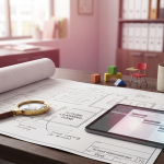 School Furniture Projects Guide 2026 - Professional 16:9 hero banner. Ultra high resolution. A meticulously organised desk in a modern, well-lit school office, featuring a blueprint or architectural drawing of a school classroom layout. A magnifying glass rests on the blueprint, highlighting a specific area, symbolising detailed planning and expertise. Beside it, a tablet displays a digital project timeline, glowing with an accent light in #737373. A few small, colourful educational building blocks or a miniature school chair are subtly placed nearby, hinting at the subject matter. The overall atmosphere is authoritative and precise, with a subtle #E2087E hue in the background. Style: Editorial photography, focused on precision and detail. Avoid: Groups around holographic tables, generic tech aesthetics, text overlays, cold blue tones, stock photo clichés.