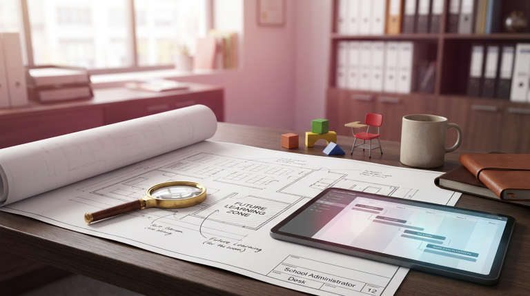 School Furniture Projects Guide 2026 - Professional 16:9 hero banner. Ultra high resolution. A meticulously organised desk in a modern, well-lit school office, featuring a blueprint or architectural drawing of a school classroom layout. A magnifying glass rests on the blueprint, highlighting a specific area, symbolising detailed planning and expertise. Beside it, a tablet displays a digital project timeline, glowing with an accent light in #737373. A few small, colourful educational building blocks or a miniature school chair are subtly placed nearby, hinting at the subject matter. The overall atmosphere is authoritative and precise, with a subtle #E2087E hue in the background. Style: Editorial photography, focused on precision and detail. Avoid: Groups around holographic tables, generic tech aesthetics, text overlays, cold blue tones, stock photo clichés.