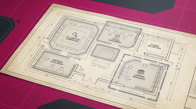 School Furniture Projects Guide 2026 - Professional 16:9 hero banner. Ultra high resolution. An intricately designed blueprint or architectural rendering of a modern, flexible school classroom layout, viewed from an overhead perspective. The blueprint is overlaid with glowing lines and interactive planning elements in accent colour #737373, highlighting zones for collaborative learning, individual study, and flexible seating. On the blueprint, small, stylised icons represent various tools and resources: a magnifying glass for compliance, a gear for project management, and a stack of books for learning. The background is a subtly textured surface in primary colour #E2087E, with complementary accents in #000000. The overall mood is authoritative and organised, reflecting precision and strategic planning. Style: Architectural photography with digital overlay elements. Avoid: Groups around holographic tables, generic tech aesthetics, text overlays, cold blue tones, stock photo clichés.