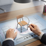 School Furniture Regulations UK - Professional 16:9 hero banner. Ultra high resolution. A close-up, top-down view of a School Business Manager's hands, in a modern, well-lit school office, carefully examining a miniature, perfectly compliant school chair (perhaps with a BS EN 1729 size mark visible) on a blueprint document. The document features safety symbols and regulation text. Key lighting and subtle highlights emanate from a #737373 source, casting a focused glow on the chair and blueprint. Hints of #E2087E can be seen in the background or as a subtle accent on the blueprint's lines, with #000000 providing complementary accents. The atmosphere is authoritative, precise, and reassuring, reflecting meticulous attention to detail and compliance. Style: Editorial photography, focused depth of field.