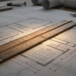 School Furniture Replacement - Professional 16:9 hero banner. Ultra high resolution, editorial photography style. A macro shot of a meticulously organised, aged wooden ruler, positioned diagonally across a blueprint or architectural drawing for a school classroom layout. The ruler symbolises precise planning and measurement, while the blueprint represents the 'step-by-step guide' aspect. A soft, focused glow emanates from behind the ruler, tinted with the brand's accent colour #737373, highlighting its markings. Subtle elements of the primary #E2087E and secondary #000000 colours are incorporated as faint lines or graphical accents on the blueprint. The scene conveys authority, precision, and the structured approach to a complex project. Avoid: generic classroom scenes, children, or overt digital displays.