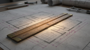 School Furniture Replacement - Professional 16:9 hero banner. Ultra high resolution, editorial photography style. A macro shot of a meticulously organised, aged wooden ruler, positioned diagonally across a blueprint or architectural drawing for a school classroom layout. The ruler symbolises precise planning and measurement, while the blueprint represents the 'step-by-step guide' aspect. A soft, focused glow emanates from behind the ruler, tinted with the brand's accent colour #737373, highlighting its markings. Subtle elements of the primary #E2087E and secondary #000000 colours are incorporated as faint lines or graphical accents on the blueprint. The scene conveys authority, precision, and the structured approach to a complex project. Avoid: generic classroom scenes, children, or overt digital displays.