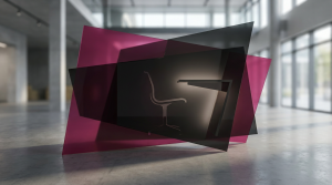 Upgrade School Furniture - Professional 16:9 hero banner. Ultra high resolution. A sophisticated, abstract geometric composition representing strategic decision-making in an educational setting. Interlocking, translucent planes in muted tones of #E2087E and #000000 form a dynamic, three-dimensional structure, subtly illuminated by a focused #737373 accent glow from behind, casting long, authoritative shadows. The structure should contain subtle, stylised representations of school furniture elements (e.g., a chair profile, a desk surface) integrated into the geometric forms, symbolising a planned, integrated approach rather than individual items. The overall mood is authoritative and forward-thinking, reflecting the brand's expertise in educational furniture. Style: Architectural photography with a conceptual, fine-art approach. Avoid: Groups around holographic tables, generic tech aesthetics, text overlays, cold blue tones, stock photo clichés.