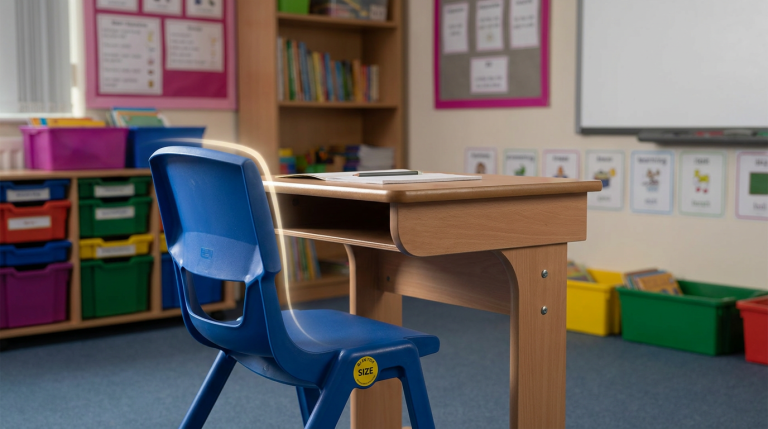 Ergonomic Primary School Furniture - Professional 16:9 hero banner. Ultra high resolution. A meticulously arranged, brightly lit primary school classroom scene, viewed from a slightly elevated angle. The focus is on a child's desk and chair, perfectly sized according to BS EN 1729 standards, with a colourful size mark visible. A beam of light in #737373 accentuates the precise ergonomic alignment of the furniture. The background shows blurred elements of a modern, well-organised classroom, incorporating subtle hints of #E2087E in educational materials or wall accents. The overall atmosphere is authoritative and reassuring, emphasising precision and child well-being. Style: Editorial photography, clean and sharp focus. Avoid: Groups of children, generic office settings, abstract patterns without context, cold blue tones.
