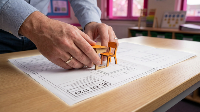 Ergonomics & Posture - Professional 16:9 hero banner. Ultra high resolution. A close-up, editorial style shot of a pair of adult hands, possibly a school business manager or architect, carefully aligning a small, colourful wooden ruler or scale model of a school table with a detailed blueprint or technical drawing that features the 'BS EN 1729' standard mark prominently. The scene is set on a clean, light-coloured desk surface, with a subtle glow of #737373 accentuating the edges of the blueprint and ruler. Hints of #E2087E can be seen in the background as a soft, out-of-focus educational setting. The overall mood is precise, authoritative, and focused on compliance. Style: Macro detail photography with a shallow depth of field. Avoid: Groups around holographic tables, generic tech aesthetics, text overlays, cold blue tones, stock photo clichés.