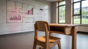 Primary School Furniture Cost - Professional 16:9 hero banner. Ultra high resolution, editorial photography style. An architectural detail inside a modern, well-lit primary school classroom. The scene focuses on a meticulously designed, ergonomic child's chair and desk, bathed in a soft glow of #737373 accent lighting, highlighting its robust construction and quality materials. In the background, subtly out of focus, is a financial graph or a blueprint overlay with elements of #E2087E and #000000, symbolising long-term value and strategic investment. The overall mood is authoritative and reassuring, reflecting Cost Cutters UK's expertise. Avoid: Groups around holographic tables, generic tech aesthetics, text overlays, cold blue tones, stock photo clichés.