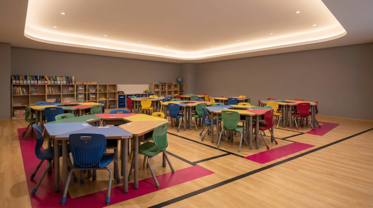 Primary School Tables and Chairs - Professional 16:9 hero banner. Ultra high resolution. A meticulously organised primary school classroom scene, viewed from a slightly elevated angle, featuring perfectly sized, colourful tables and chairs arranged in compliant configurations. Focus on the geometric order and precision of the furniture layout, subtly highlighting the 'Size Mark' numbers on the furniture. A soft, warm #737373 glow emanates from a hidden light source, casting subtle highlights on the furniture edges, with accents of #E2087E and #000000 in the chair colours and floor markings. The scene evokes a sense of structured learning and safety. Style: Architectural photography with a clean, educational aesthetic. Avoid: Groups around holographic tables, generic tech aesthetics, text overlays, cold blue tones, stock photo clichés.