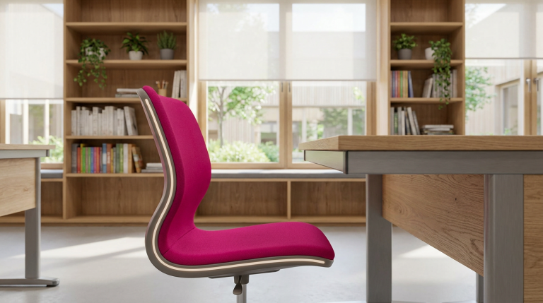 Replace School Tables and Chairs - Professional 16:9 hero banner. Ultra high resolution, editorial photography style. A close-up, architectural detail shot of a pristine, modern primary school classroom. Focus on a single, perfectly sized, vibrant school chair (magenta, #E2087E) positioned at a matching table, bathed in a subtle, authoritative #737373 accent glow, highlighting its ergonomic design and sturdy construction. In the background, out of focus, are hints of a well-organised learning environment with natural light. The scene conveys reliability, safety, and a forward-thinking approach to educational infrastructure. Avoid: groups of children, cluttered scenes, generic stock photos.