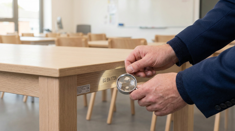 safety standards for school tables - Professional 16:9 hero banner. Ultra high resolution. A close-up, slightly elevated shot of a pair of hands (suggesting a School Business Manager) meticulously examining a sturdy, light-coloured wooden school table leg. One hand holds a small, magnifying glass over a faint 'BS EN 1729' stamp or a compliance label on the table. The table surface is smooth and clean. A subtle, soft glow in #737373 emanates from beneath the table, highlighting the area of inspection. The background is a gently blurred, modern school classroom with natural light, featuring other compliant furniture in the distance. The overall mood is authoritative and reassuring, emphasizing diligence and precision. Style: Editorial photography with a focus on detail and texture. Avoid: Groups around holographic tables, generic tech aesthetics, text overlays, cold blue tones, stock photo clichés.