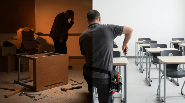 School Furniture Installation - Professional 16:9 hero banner. Ultra high resolution. A clear visual split down the middle of the frame. On the left, a dimly lit, slightly chaotic classroom scene with a partially assembled school desk, tools scattered, and a frustrated silhouette of a school caretaker in the background, subtly illuminated by a faint, warm orange glow. On the right, a brightly lit, organised classroom with perfectly assembled, modern school desks and chairs, a professional installer (back to camera) making a final, precise adjustment, with key lighting and highlights in #737373. The overall atmosphere on the right is one of efficiency and calm, contrasting with the disarray on the left. Style: Editorial photography, with a clear focus on demonstrating contrast. Avoid: Groups around holographic tables, generic tech aesthetics, text overlays, cold blue tones, stock photo clichés.