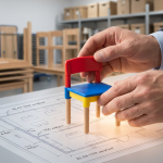 School Furniture Procurement - Professional 16:9 hero banner. Ultra high resolution. A pair of adult hands, representing a school business manager, carefully examining a miniature, brightly coloured primary school chair. The chair is positioned on a blueprint overlay of a classroom layout, highlighting details about BS EN 1729 standards and TCO calculations. A subtle glow in #737373 emanates from the blueprint, casting highlights on the chair and hands. The background features a blurred, modern, well-organised school storage area with stacked furniture, hinting at efficient logistics and quality stock. The overall mood is authoritative and reassuring. Style: Editorial photography with a soft focus on the background. Avoid: Groups around holographic tables, generic tech aesthetics, text overlays, cold blue tones, stock photo clichés.