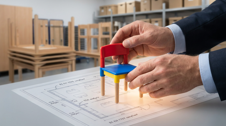 School Furniture Procurement - Professional 16:9 hero banner. Ultra high resolution. A pair of adult hands, representing a school business manager, carefully examining a miniature, brightly coloured primary school chair. The chair is positioned on a blueprint overlay of a classroom layout, highlighting details about BS EN 1729 standards and TCO calculations. A subtle glow in #737373 emanates from the blueprint, casting highlights on the chair and hands. The background features a blurred, modern, well-organised school storage area with stacked furniture, hinting at efficient logistics and quality stock. The overall mood is authoritative and reassuring. Style: Editorial photography with a soft focus on the background. Avoid: Groups around holographic tables, generic tech aesthetics, text overlays, cold blue tones, stock photo clichés.