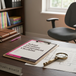 School Furniture Procurement - Professional 16:9 hero banner. Ultra high resolution. A meticulously organised desk in a school business manager's office, featuring a clipboard with a detailed 'School Furniture Procurement Checklist' prominently displayed, alongside a magnifying glass resting on a blueprint of a classroom layout. A single, high-quality, ergonomic school chair (compliant with BS EN 1729) is visible in the background, slightly out of focus, bathed in a soft #737373 accent glow. The overall atmosphere is one of thoughtful planning, expertise, and precision. Hints of #E2087E and #000000 are subtly integrated into desk accessories or document borders. Style: Editorial photography, focused on detail and texture. Avoid: Groups around holographic tables, generic tech aesthetics, text overlays, cold blue tones, stock photo clichés.