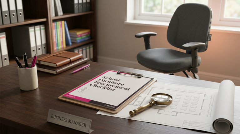 School Furniture Procurement - Professional 16:9 hero banner. Ultra high resolution. A meticulously organised desk in a school business manager's office, featuring a clipboard with a detailed 'School Furniture Procurement Checklist' prominently displayed, alongside a magnifying glass resting on a blueprint of a classroom layout. A single, high-quality, ergonomic school chair (compliant with BS EN 1729) is visible in the background, slightly out of focus, bathed in a soft #737373 accent glow. The overall atmosphere is one of thoughtful planning, expertise, and precision. Hints of #E2087E and #000000 are subtly integrated into desk accessories or document borders. Style: Editorial photography, focused on detail and texture. Avoid: Groups around holographic tables, generic tech aesthetics, text overlays, cold blue tones, stock photo clichés.
