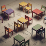 School Furniture Safety Standards - Professional 16:9 hero banner. Ultra high resolution. A meticulously arranged, abstract geometric composition representing the rigorous structure of safety standards. The scene features miniature, stylised primary school chairs and tables, some with visible size marks (orange, violet, yellow, red, green, blue), carefully placed on a blueprint-like surface with faint grid lines and technical specification annotations. The composition is illuminated by a focused, authoritative glow in #737373, with subtle accents of #E2087E on the furniture edges, highlighting precision and compliance. The overall mood is professional and authoritative, reflecting Cost Cutters UK's expertise. Style: Architectural still life photography. Avoid: Groups around holographic tables, generic tech aesthetics, text overlays, cold blue tones, stock photo clichés.