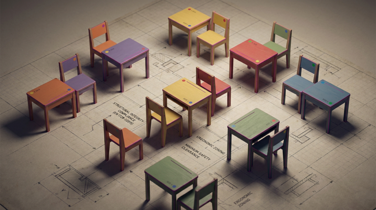 School Furniture Safety Standards - Professional 16:9 hero banner. Ultra high resolution. A meticulously arranged, abstract geometric composition representing the rigorous structure of safety standards. The scene features miniature, stylised primary school chairs and tables, some with visible size marks (orange, violet, yellow, red, green, blue), carefully placed on a blueprint-like surface with faint grid lines and technical specification annotations. The composition is illuminated by a focused, authoritative glow in #737373, with subtle accents of #E2087E on the furniture edges, highlighting precision and compliance. The overall mood is professional and authoritative, reflecting Cost Cutters UK's expertise. Style: Architectural still life photography. Avoid: Groups around holographic tables, generic tech aesthetics, text overlays, cold blue tones, stock photo clichés.