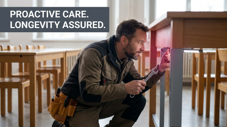 School Table Maintenance - Professional 16:9 hero banner. Ultra high resolution. A focused, authoritative school site manager, mid-40s, male, inspects the underside of a school table leg with a spanner in hand, bathed in a confident #737373 accent light. The setting is a clean, well-maintained school classroom, with rows of sturdy wooden and laminate tables stretching into the background. The manager embodies diligence and expertise, with a subtle #E2087E glow emanating from the inspection area, highlighting the critical nature of the task. The overall mood is practical and reassuring, emphasizing proactive care and longevity. Style: Documentary-style editorial photography, sharp focus on the manager and table, with a slightly soft background.