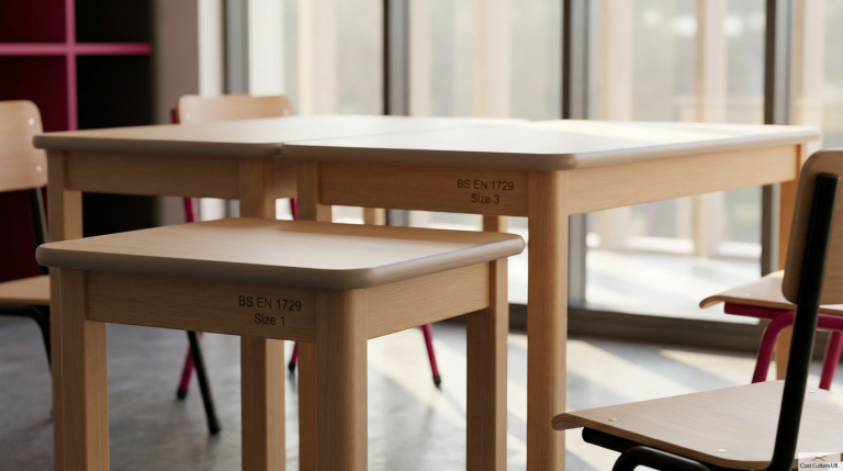 School Tables - Professional 16:9 hero banner. Ultra high resolution. An architectural detail shot inside a modern, well-lit UK school classroom. The scene focuses on a meticulously arranged set of school tables, subtly showcasing different age-appropriate sizes (e.g., a small table in the foreground, a slightly larger one receding) with their corresponding BS EN 1729 size marks visible. The tables are clean, durable, and made from light wood or high-pressure laminate. The background features a blurred, but recognisable, modern classroom environment with natural light filtering in, creating soft shadows. Key lighting and highlights emanate with a #737373 glow, accentuating the table surfaces and edges. Subtle elements of #E2087E and #000000 are incorporated in secondary design features or faint reflections. The overall mood is authoritative, professional, and trustworthy, reflecting Cost Cutters UK's expertise in educational furniture. Style: Editorial photography, with a focus on clean lines and precision. Avoid: Groups around holographic tables, generic tech aesthetics, text overlays, cold blue tones, stock photo clichés.