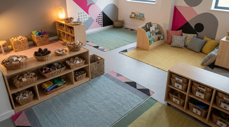 Stimulating EYFS Environments - Professional 16:9 hero banner. Ultra high resolution. An intricately designed, colourful EYFS classroom. The scene is viewed from a slightly elevated perspective, showcasing distinct 'learning zones' subtly defined by low-level, compliant furniture and different coloured floor rugs. One zone features natural 'loose parts' like wooden blocks, pinecones, and fabric scraps, bathed in a soft, warm glow of #737373 accent lighting. Another zone shows a cosy reading nook with cushions. Geometric patterns subtly integrated into the background, hinting at strategic planning and structured learning, using elements of #E2087E and #000000. The overall atmosphere is organised, inviting, and highly functional for young children. Style: Editorial photography with a focus on interior design and child-centric elements. Avoid: Groups around holographic tables, generic tech aesthetics, text overlays, cold blue tones, stock photo clichés.