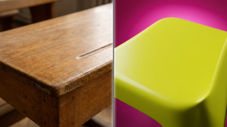 Wooden vs Plastic School Furniture - Professional 16:9 hero banner. Ultra high resolution. A visually balanced split composition, representing the 'wooden vs plastic' debate for school furniture. On the left, a warm, natural wood texture with a subtle grain, perhaps a close-up of a sturdy wooden school table surface, conveying tradition and durability. On the right, a smooth, vibrant, non-porous plastic surface, in a bright, inviting shade like a clean yellow or green, symbolising hygiene and modern practicality. The dividing line between the two textures is subtly highlighted with a #737373 accent glow, suggesting a decision point. A hint of #E2087E could be used as a secondary background element to enhance the modern plastic side. The overall mood is authoritative and informative. Style: Editorial photography with a focus on texture and material contrast. Avoid: Groups around holographic tables, generic tech aesthetics, text overlays, cold blue tones, stock photo clichés.